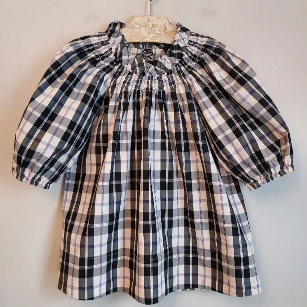 J. Crew Floral Short Puff Sleeve Black Plaid Blouse Size Medium